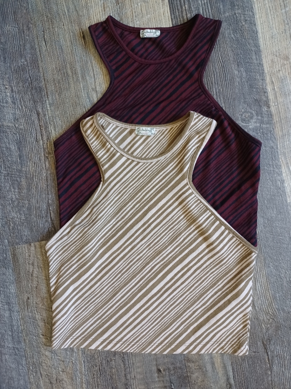 Free People Set Of 2 Knit Tank Tops- Maroon Stripe and Beige Stripe